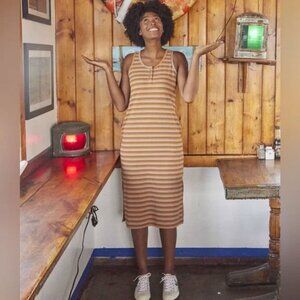 NWT Toad & Co Piru Ribbed Knit Hemp Henley Side Slit Midi Dress In Papaya Stripe